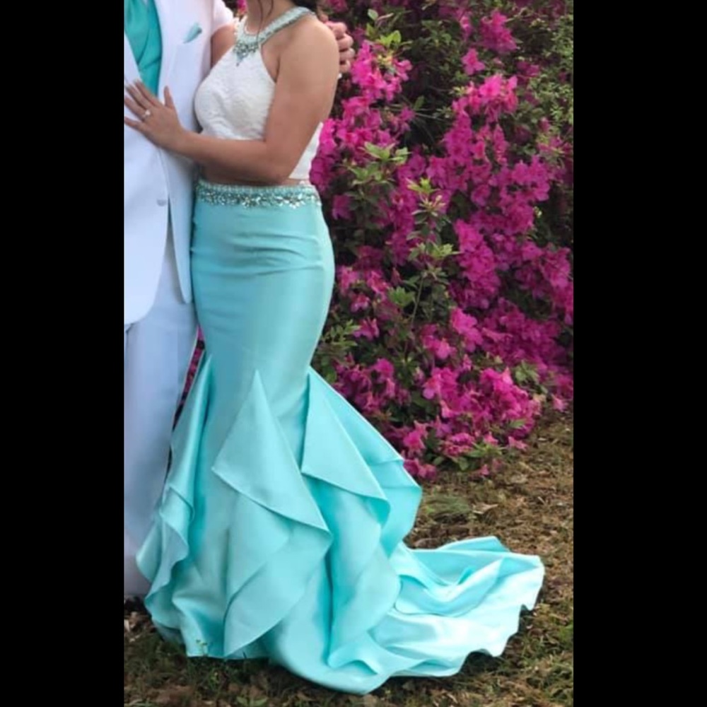 Blue/turquoise 2 piece long prom dress